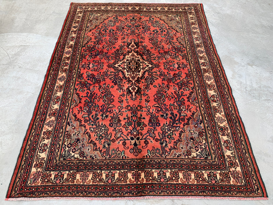 Handgemaakt Perzisch wollen vloerkleed 7x10 - Vintage bloemenmedaillon Perzische stijl in roze, taupe & ivoor - Exacte afmeting 9'6" x 6'11" - KBHM-772