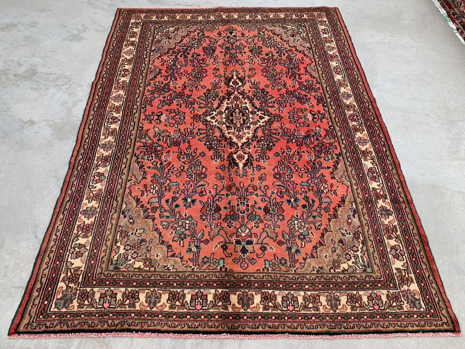 Handgemaakt Perzisch wollen vloerkleed 7x10 - Vintage bloemenmedaillon Perzische stijl in roze, taupe & ivoor - Exacte afmeting 9'6" x 6'11" - KBHM-772