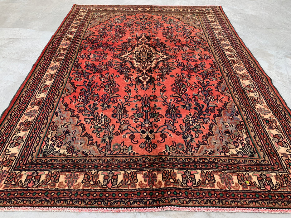 Handgemaakt Perzisch wollen vloerkleed 7x10 - Vintage bloemenmedaillon Perzische stijl in roze, taupe & ivoor - Exacte afmeting 9'6" x 6'11" - KBHM-772