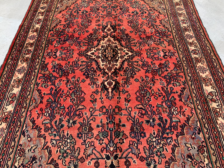 Handgemaakt Perzisch wollen vloerkleed 7x10 - Vintage bloemenmedaillon Perzische stijl in roze, taupe & ivoor - Exacte afmeting 9'6" x 6'11" - KBHM-772