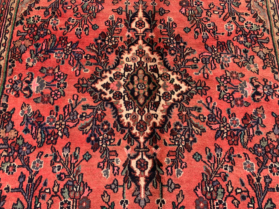 Handgemaakt Perzisch wollen vloerkleed 7x10 - Vintage bloemenmedaillon Perzische stijl in roze, taupe & ivoor - Exacte afmeting 9'6" x 6'11" - KBHM-772