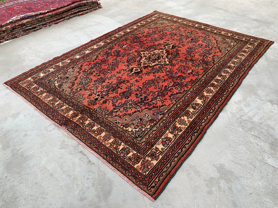 Handgemaakt Perzisch wollen vloerkleed 7x10 - Vintage bloemenmedaillon Perzische stijl in roze, taupe & ivoor - Exacte afmeting 9'6" x 6'11" - KBHM-772