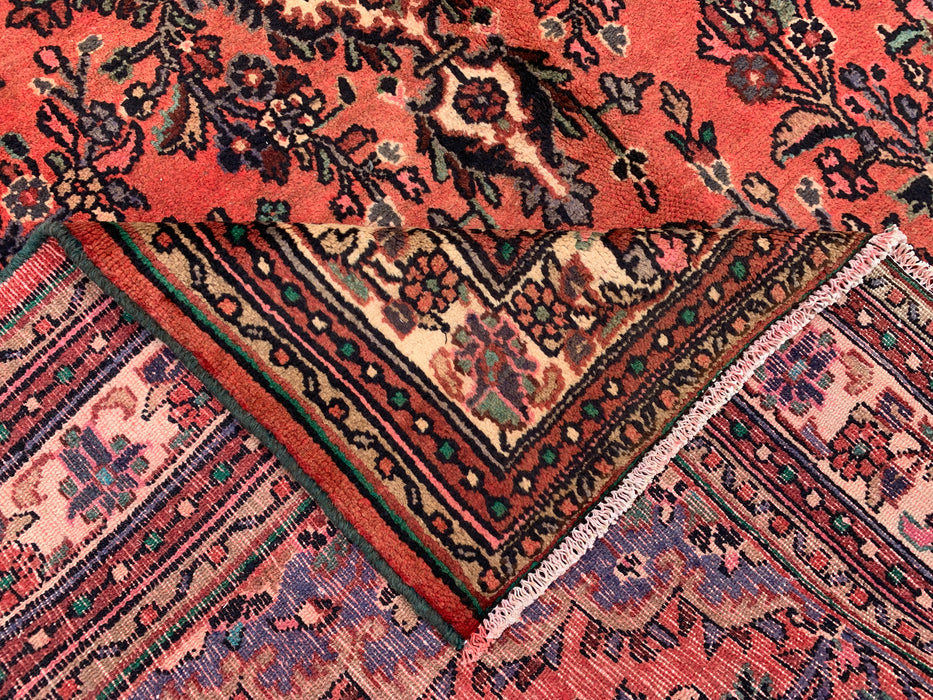Handgemaakt Perzisch wollen vloerkleed 7x10 - Vintage bloemenmedaillon Perzische stijl in roze, taupe & ivoor - Exacte afmeting 9'6" x 6'11" - KBHM-772