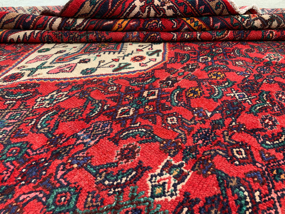 Handgemaakt Perzisch wollen vloerkleed 215x305 cm - Rood, ivoor & marineblauw tribaal medaillon Perzische stijl kleed - Exacte afmeting 302 cm x 213 cm - KBHM-773