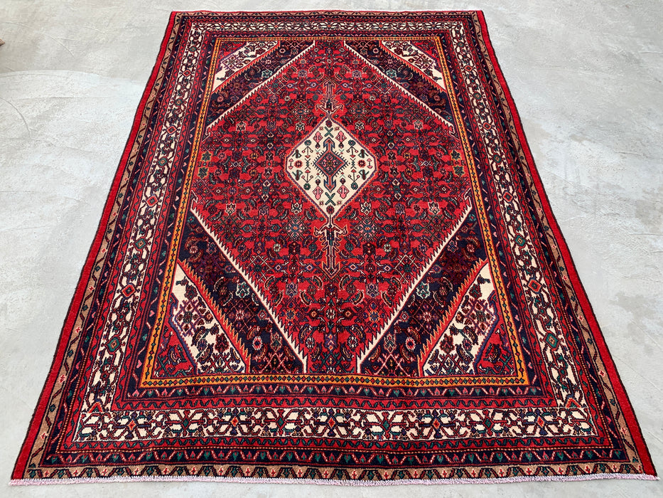 Handgemaakt Perzisch wollen vloerkleed 215x305 cm - Rood, ivoor & marineblauw tribaal medaillon Perzische stijl kleed - Exacte afmeting 302 cm x 213 cm - KBHM-773