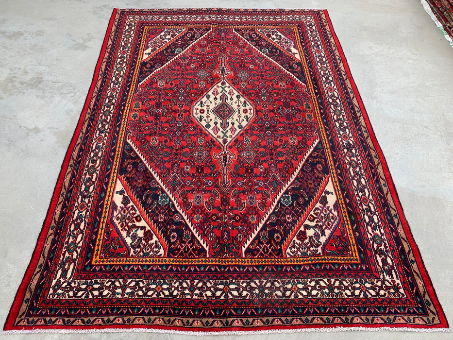 Handgemaakt Perzisch wollen vloerkleed 215x305 cm - Rood, ivoor & marineblauw tribaal medaillon Perzische stijl kleed - Exacte afmeting 302 cm x 213 cm - KBHM-773