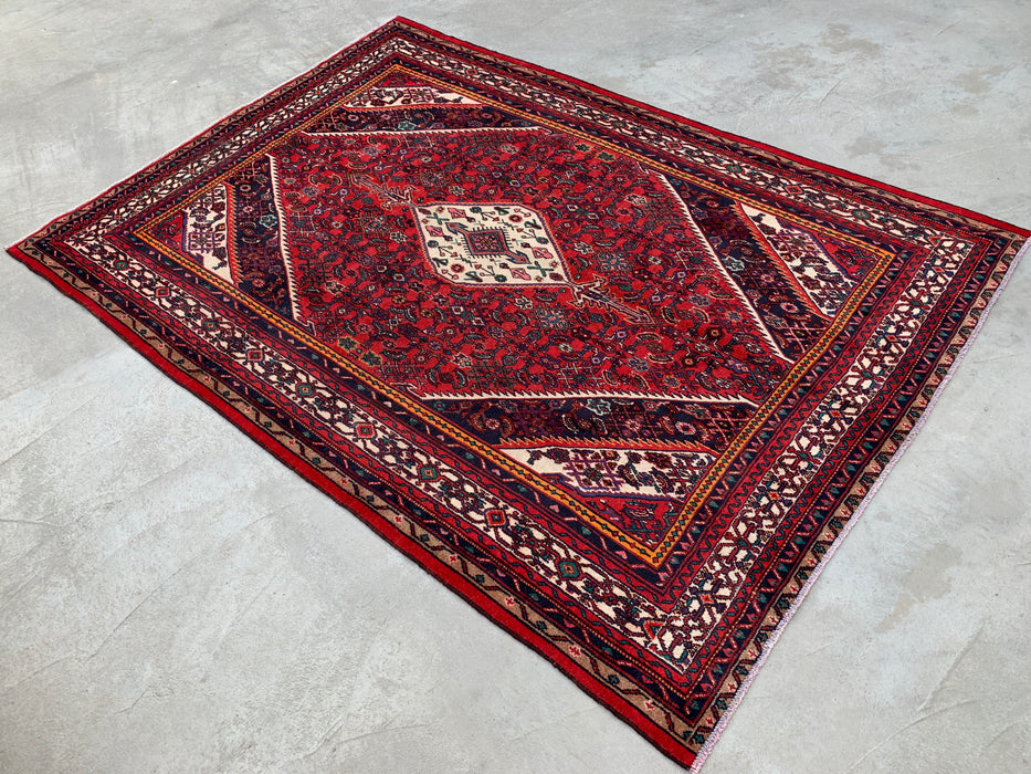 Handgemaakt Perzisch wollen vloerkleed 215x305 cm - Rood, ivoor & marineblauw tribaal medaillon Perzische stijl kleed - Exacte afmeting 302 cm x 213 cm - KBHM-773