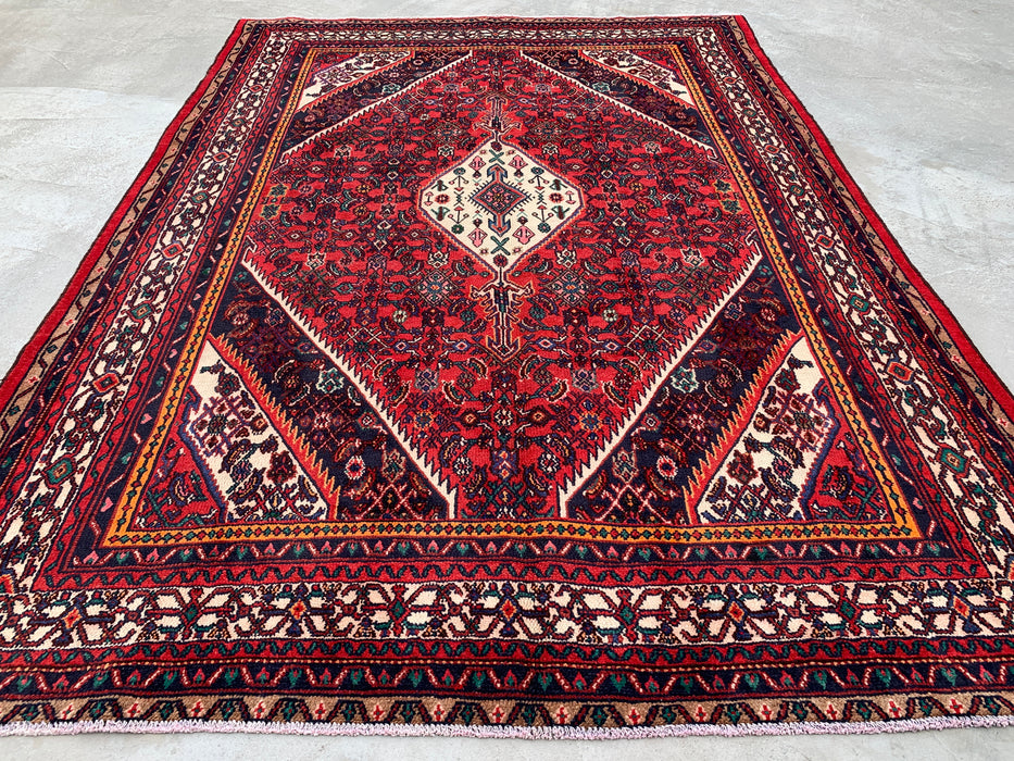 Handgemaakt Perzisch wollen vloerkleed 215x305 cm - Rood, ivoor & marineblauw tribaal medaillon Perzische stijl kleed - Exacte afmeting 302 cm x 213 cm - KBHM-773