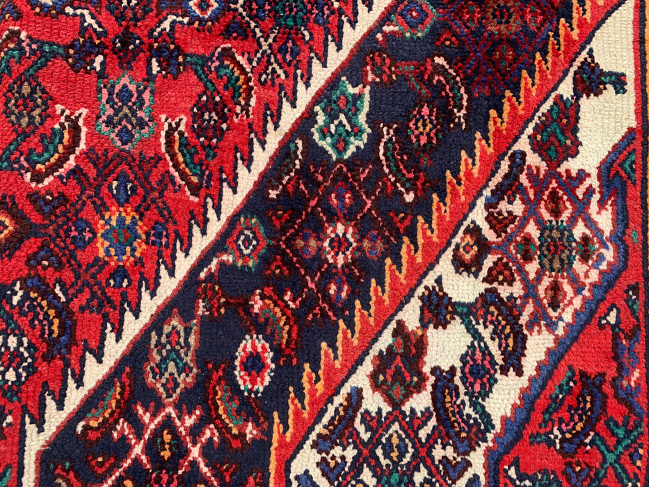 Handgemaakt Perzisch wollen vloerkleed 215x305 cm - Rood, ivoor & marineblauw tribaal medaillon Perzische stijl kleed - Exacte afmeting 302 cm x 213 cm - KBHM-773