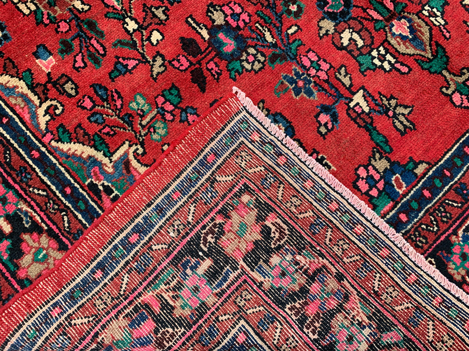 Handgemaakt Perzisch wollen vloerkleed 7x10 - Rood, marineblauw & ivoorkleurig Perzisch stijl kleed met bloemenmedaillon - Exacte afmeting 299 cm x 211 cm - KBHM-774