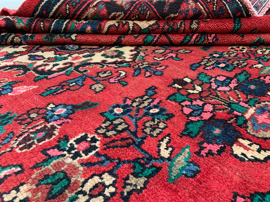 Handgemaakt Perzisch wollen vloerkleed 7x10 - Rood, marineblauw & ivoorkleurig Perzisch stijl kleed met bloemenmedaillon - Exacte afmeting 299 cm x 211 cm - KBHM-774
