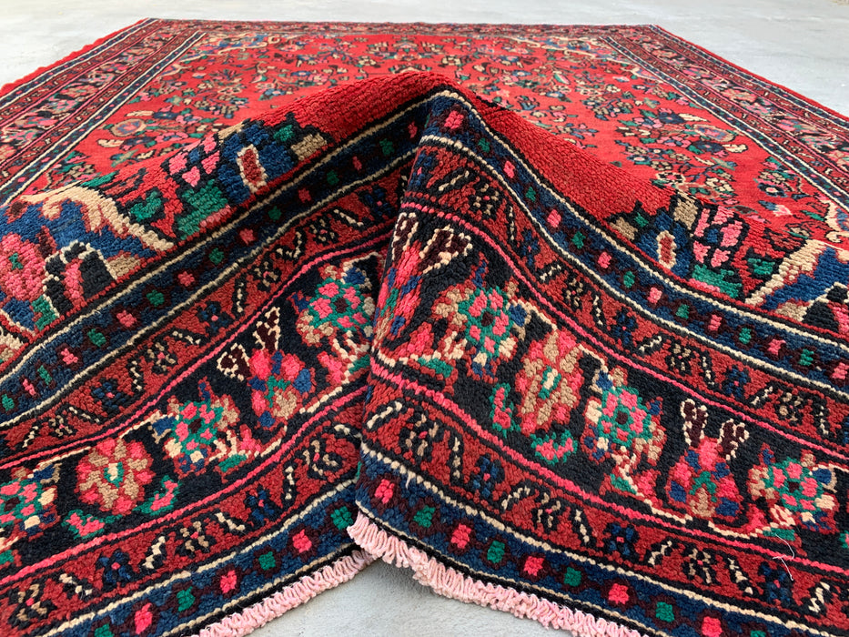Handgemaakt Perzisch wollen vloerkleed 7x10 - Rood, marineblauw & ivoorkleurig Perzisch stijl kleed met bloemenmedaillon - Exacte afmeting 299 cm x 211 cm - KBHM-774