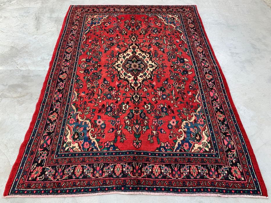 Handgemaakt Perzisch wollen vloerkleed 7x10 - Rood, marineblauw & ivoorkleurig Perzisch stijl kleed met bloemenmedaillon - Exacte afmeting 299 cm x 211 cm - KBHM-774