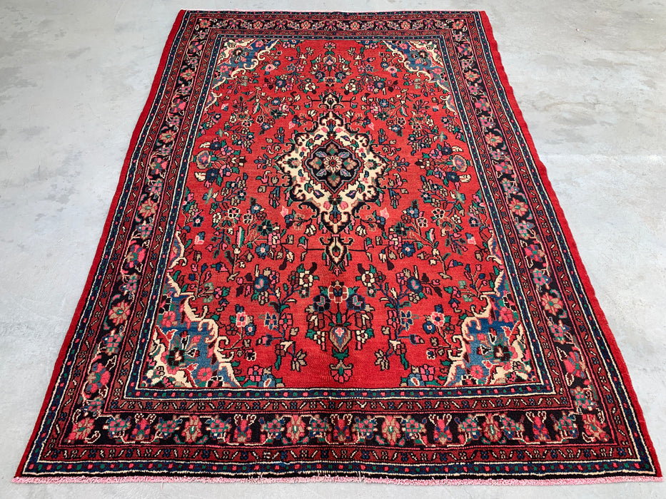 Handgemaakt Perzisch wollen vloerkleed 7x10 - Rood, marineblauw & ivoorkleurig Perzisch stijl kleed met bloemenmedaillon - Exacte afmeting 299 cm x 211 cm - KBHM-774