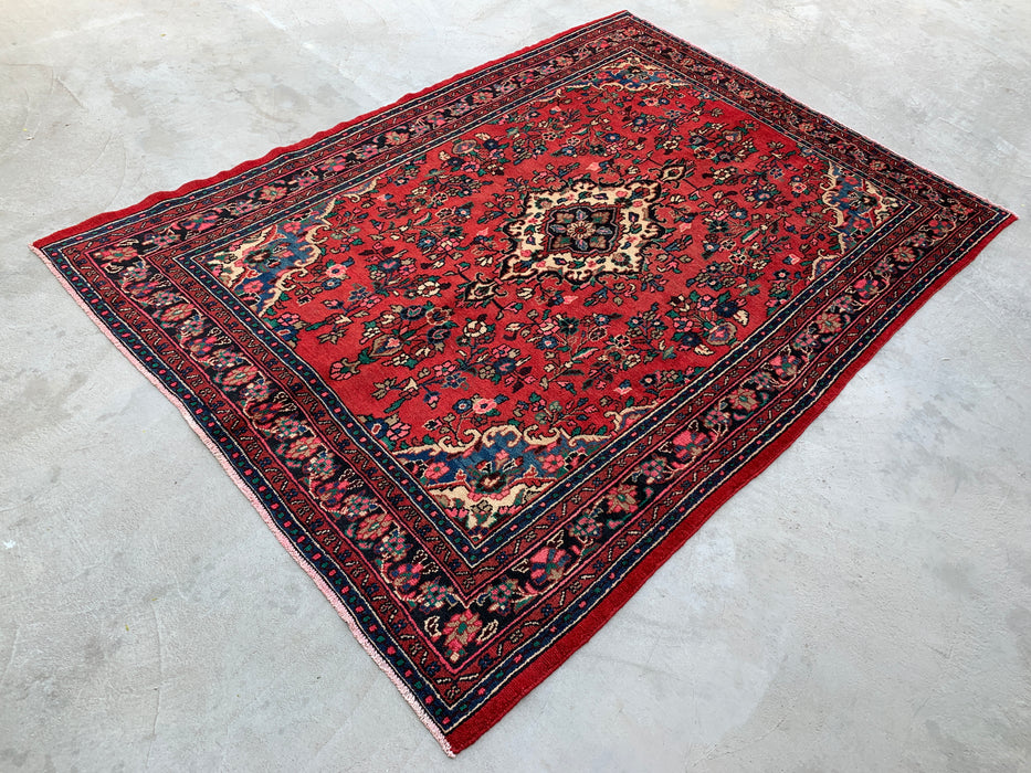 Handgemaakt Perzisch wollen vloerkleed 7x10 - Rood, marineblauw & ivoorkleurig Perzisch stijl kleed met bloemenmedaillon - Exacte afmeting 299 cm x 211 cm - KBHM-774