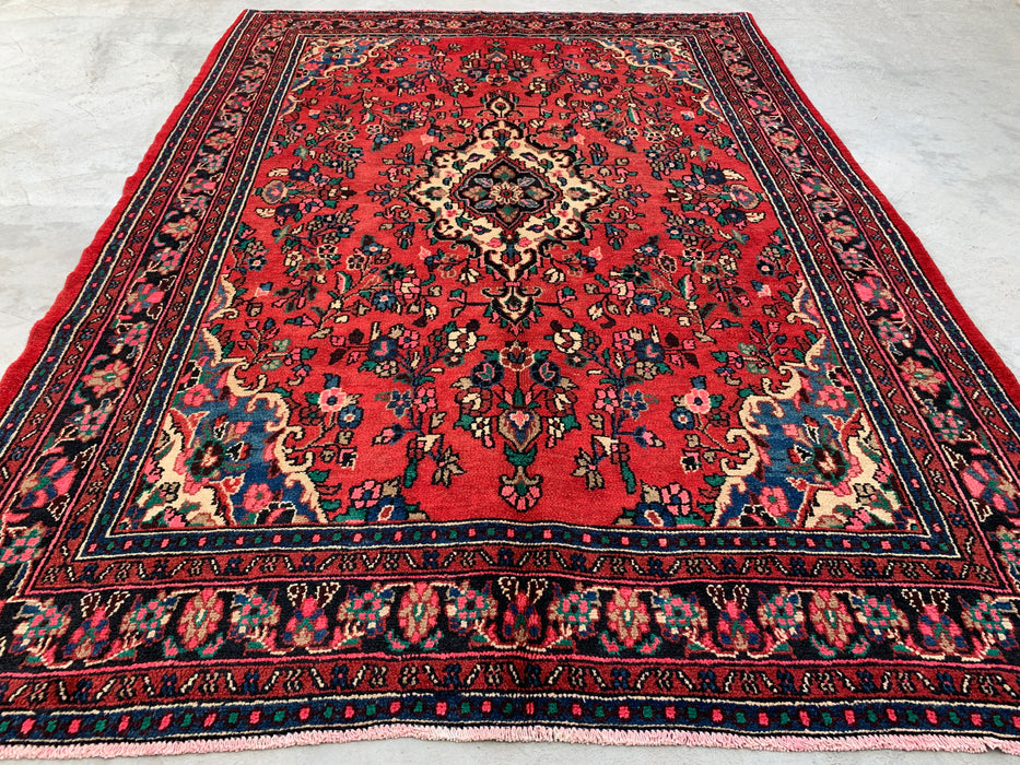 Handgemaakt Perzisch wollen vloerkleed 7x10 - Rood, marineblauw & ivoorkleurig Perzisch stijl kleed met bloemenmedaillon - Exacte afmeting 299 cm x 211 cm - KBHM-774