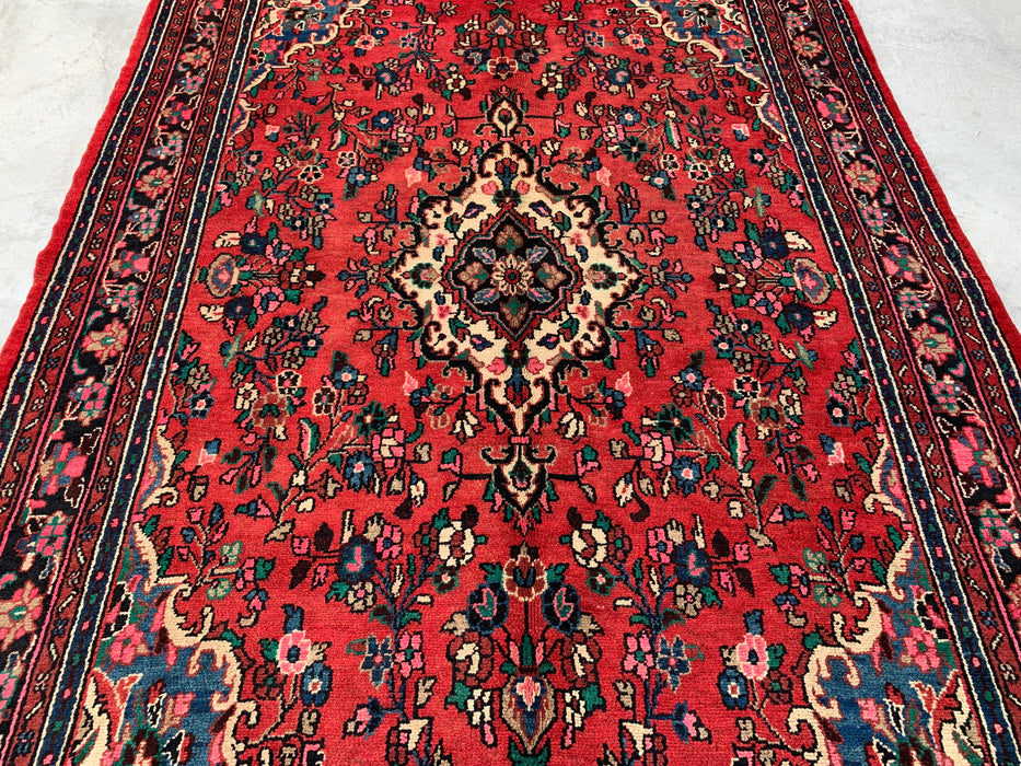 Handgemaakt Perzisch wollen vloerkleed 7x10 - Rood, marineblauw & ivoorkleurig Perzisch stijl kleed met bloemenmedaillon - Exacte afmeting 299 cm x 211 cm - KBHM-774