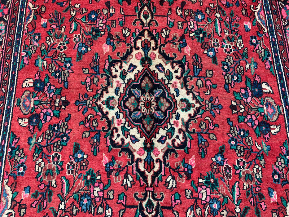 Handgemaakt Perzisch wollen vloerkleed 7x10 - Rood, marineblauw & ivoorkleurig Perzisch stijl kleed met bloemenmedaillon - Exacte afmeting 299 cm x 211 cm - KBHM-774