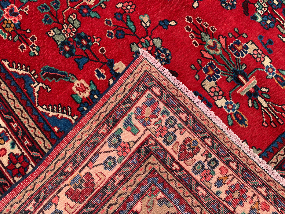 Handgemaakt Perzisch wollen vloerkleed 7x10 - Rood, blauw & ivoor kleurig Perzisch stijl kleed met bloemenmedaillon - Exacte afmeting 9'11" x 6'9" - KBHM-776