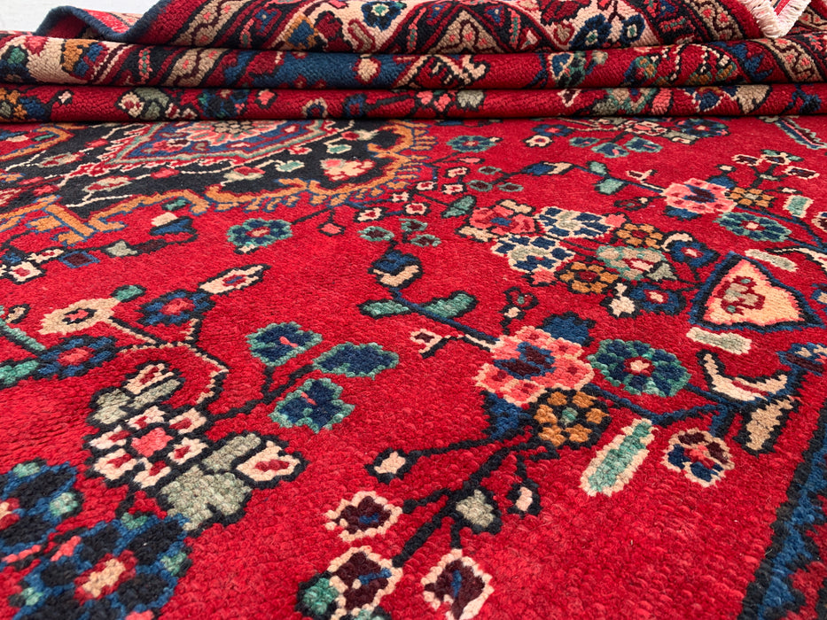 Handgemaakt Perzisch wollen vloerkleed 7x10 - Rood, blauw & ivoor kleurig Perzisch stijl kleed met bloemenmedaillon - Exacte afmeting 9'11" x 6'9" - KBHM-776