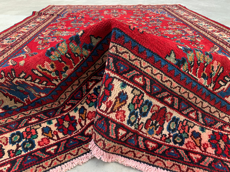 Handgemaakt Perzisch wollen vloerkleed 7x10 - Rood, blauw & ivoor kleurig Perzisch stijl kleed met bloemenmedaillon - Exacte afmeting 9'11" x 6'9" - KBHM-776