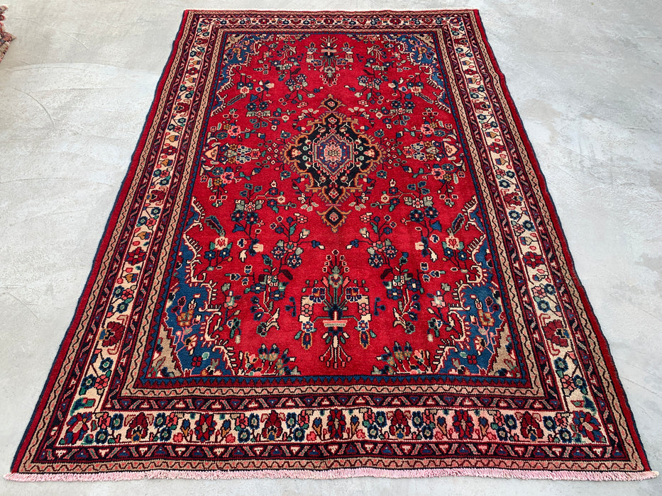 Handgemaakt Perzisch wollen vloerkleed 7x10 - Rood, blauw & ivoor kleurig Perzisch stijl kleed met bloemenmedaillon - Exacte afmeting 9'11" x 6'9" - KBHM-776