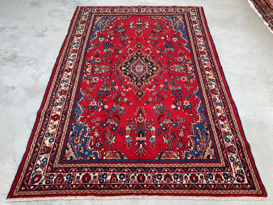 Handgemaakt Perzisch wollen vloerkleed 7x10 - Rood, blauw & ivoor kleurig Perzisch stijl kleed met bloemenmedaillon - Exacte afmeting 9'11" x 6'9" - KBHM-776