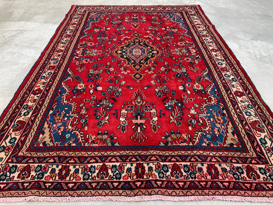 Handgemaakt Perzisch wollen vloerkleed 7x10 - Rood, blauw & ivoor kleurig Perzisch stijl kleed met bloemenmedaillon - Exacte afmeting 9'11" x 6'9" - KBHM-776