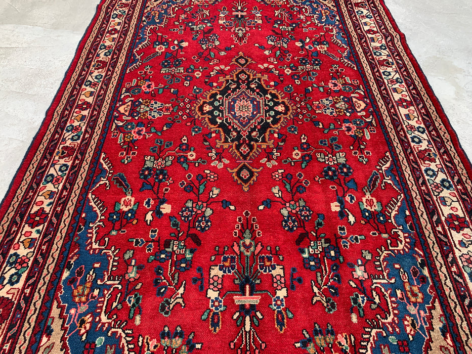 Handgemaakt Perzisch wollen vloerkleed 7x10 - Rood, blauw & ivoor kleurig Perzisch stijl kleed met bloemenmedaillon - Exacte afmeting 9'11" x 6'9" - KBHM-776