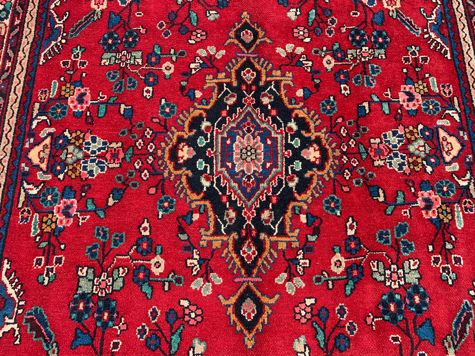 Handgemaakt Perzisch wollen vloerkleed 7x10 - Rood, blauw & ivoor kleurig Perzisch stijl kleed met bloemenmedaillon - Exacte afmeting 9'11" x 6'9" - KBHM-776