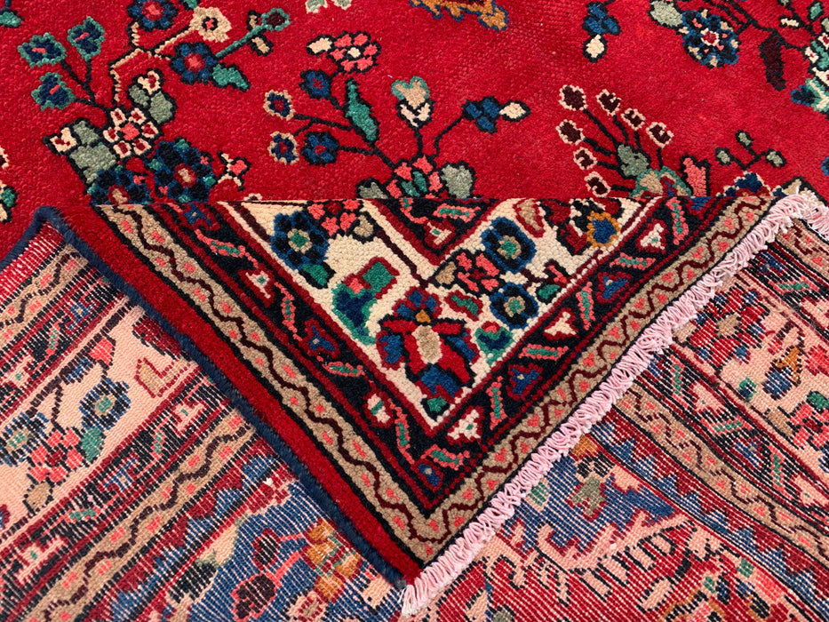 Handgemaakt Perzisch wollen vloerkleed 7x10 - Rood, blauw & ivoor kleurig Perzisch stijl kleed met bloemenmedaillon - Exacte afmeting 9'11" x 6'9" - KBHM-776