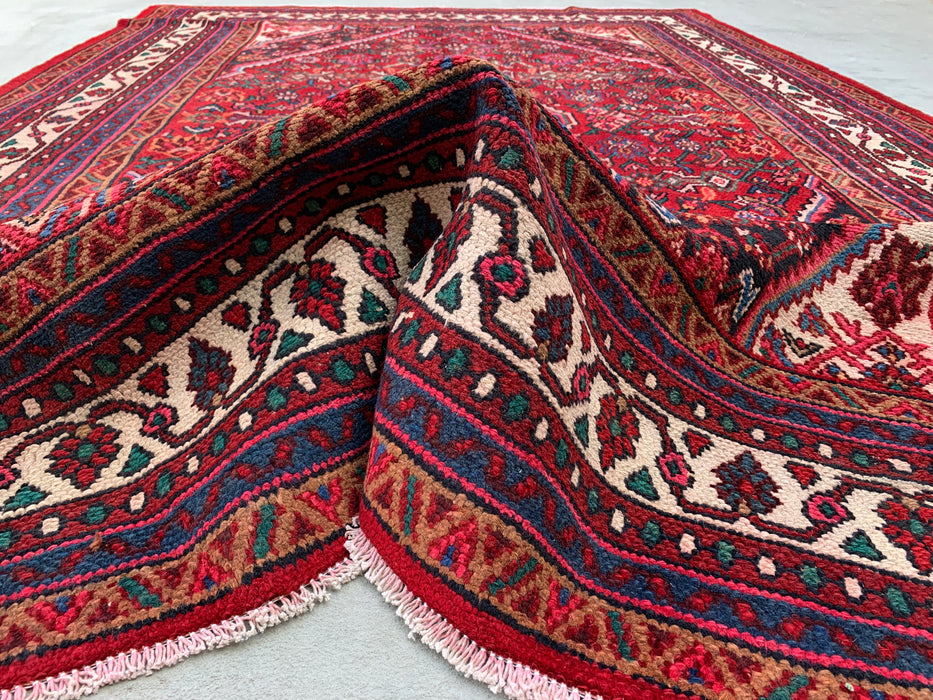 Handgemaakt Perzisch wollen vloerkleed 210x305 - Rood, ivoor & blauw tribaal medaillon Perzische stijl vloerkleed - Exacte maat 297 cm x 208 cm - KBHM-777