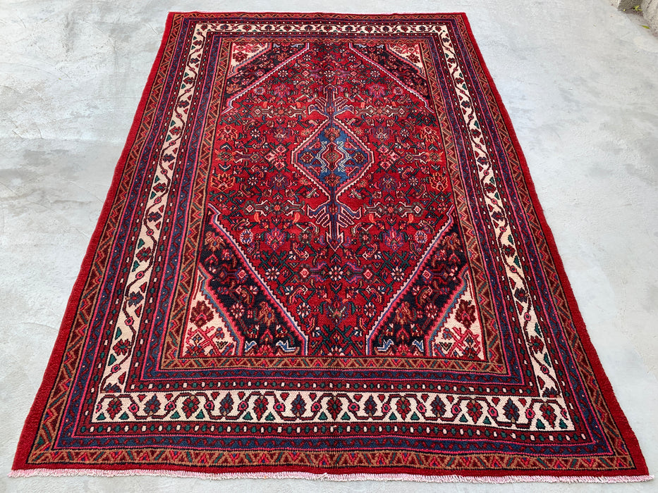 Handgemaakt Perzisch wollen vloerkleed 210x305 - Rood, ivoor & blauw tribaal medaillon Perzische stijl vloerkleed - Exacte maat 297 cm x 208 cm - KBHM-777