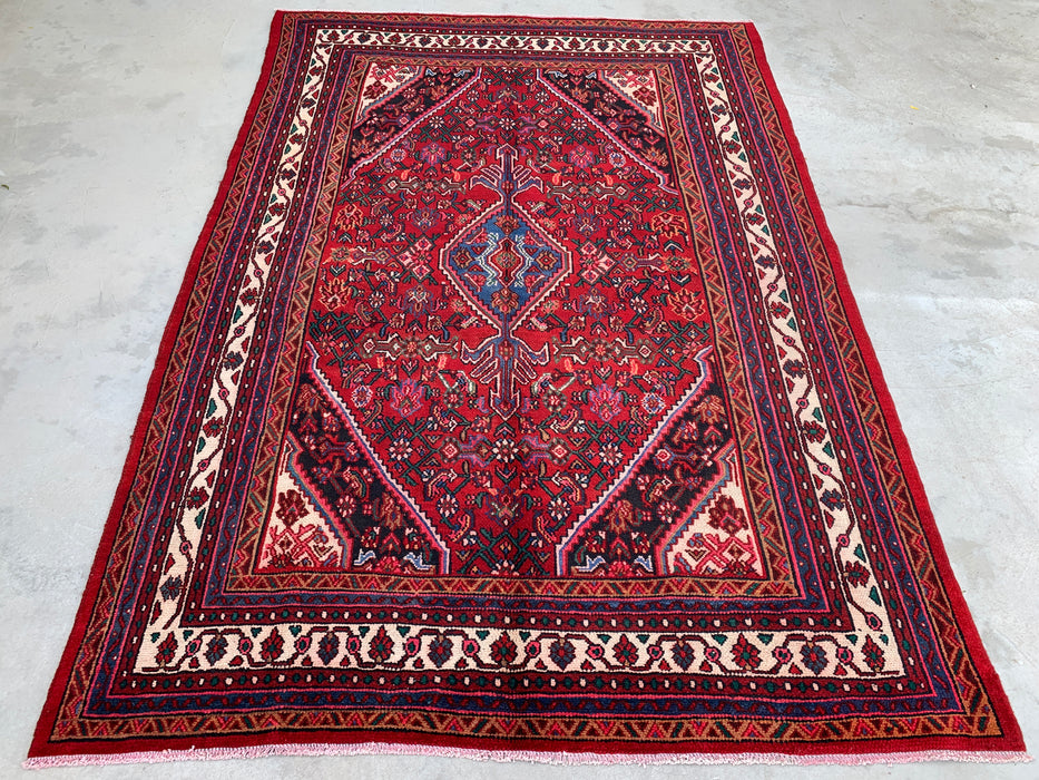 Handgemaakt Perzisch wollen vloerkleed 210x305 - Rood, ivoor & blauw tribaal medaillon Perzische stijl vloerkleed - Exacte maat 297 cm x 208 cm - KBHM-777