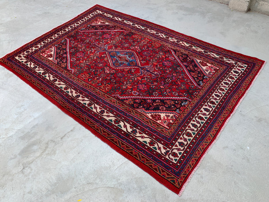 Handgemaakt Perzisch wollen vloerkleed 210x305 - Rood, ivoor & blauw tribaal medaillon Perzische stijl vloerkleed - Exacte maat 297 cm x 208 cm - KBHM-777