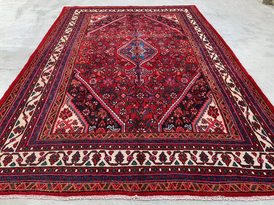 Handgemaakt Perzisch wollen vloerkleed 210x305 - Rood, ivoor & blauw tribaal medaillon Perzische stijl vloerkleed - Exacte maat 297 cm x 208 cm - KBHM-777