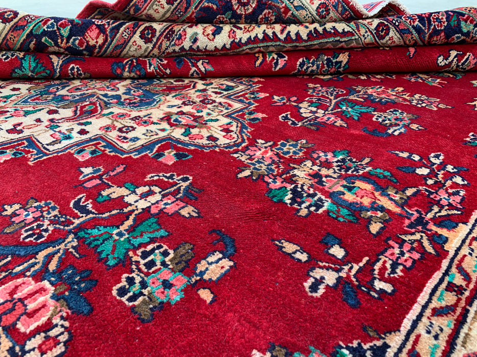 350 x 246 cm handgeknoopt Perzisch wollen tapijt – Rood, marineblauw & ivoorkleurig bloemenmedaillonontwerp – KBHM-778