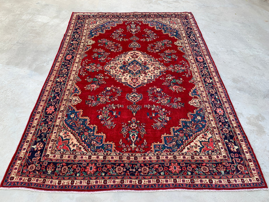 350 x 246 cm handgeknoopt Perzisch wollen tapijt – Rood, marineblauw & ivoorkleurig bloemenmedaillonontwerp – KBHM-778