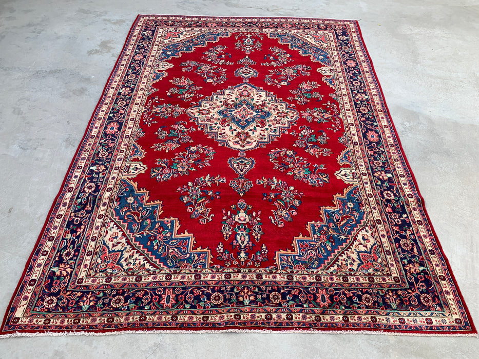 350 x 246 cm handgeknoopt Perzisch wollen tapijt – Rood, marineblauw & ivoorkleurig bloemenmedaillonontwerp – KBHM-778