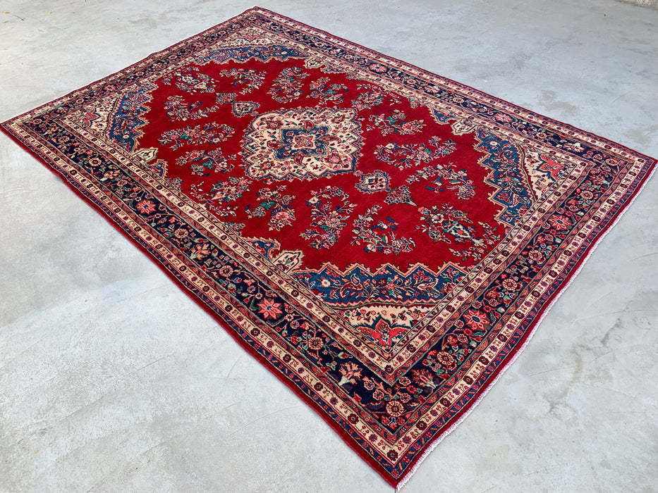 350 x 246 cm handgeknoopt Perzisch wollen tapijt – Rood, marineblauw & ivoorkleurig bloemenmedaillonontwerp – KBHM-778
