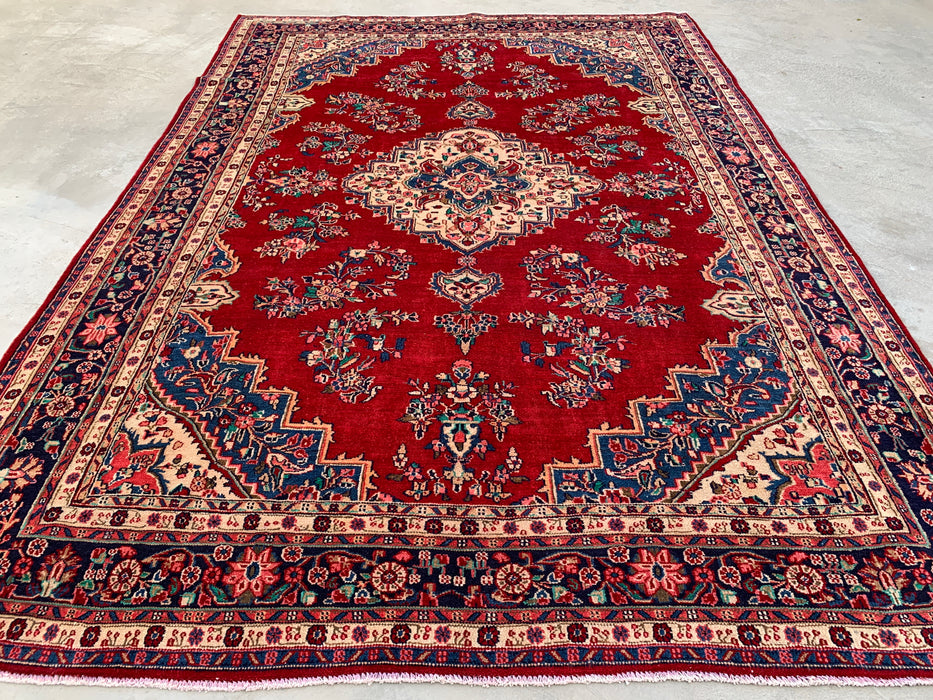 350 x 246 cm handgeknoopt Perzisch wollen tapijt – Rood, marineblauw & ivoorkleurig bloemenmedaillonontwerp – KBHM-778