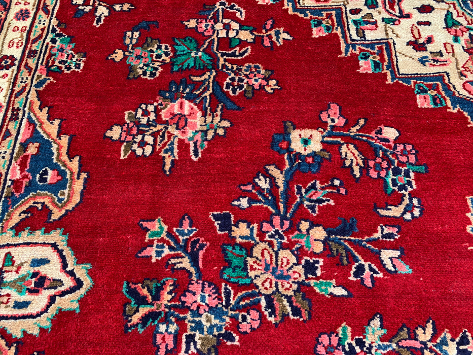 350 x 246 cm handgeknoopt Perzisch wollen tapijt – Rood, marineblauw & ivoorkleurig bloemenmedaillonontwerp – KBHM-778
