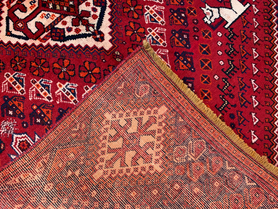 218 x 132 cm Handgeknoopt Perzisch wollen tapijt – Rood, marineblauw & ivoor tribaal geometrisch ontwerp – KBHM-786