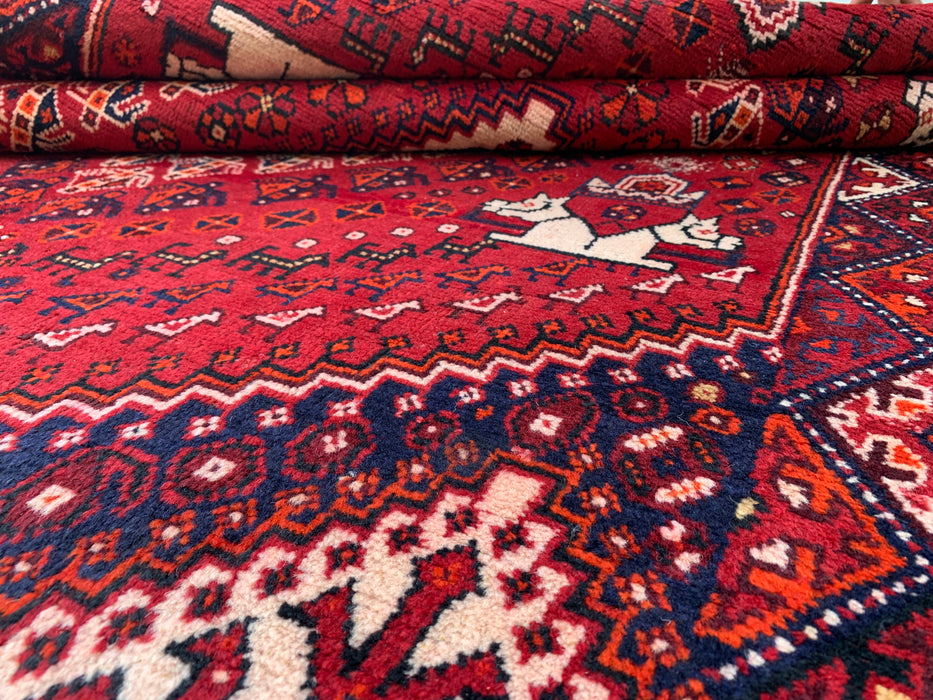 218 x 132 cm Handgeknoopt Perzisch wollen tapijt – Rood, marineblauw & ivoor tribaal geometrisch ontwerp – KBHM-786