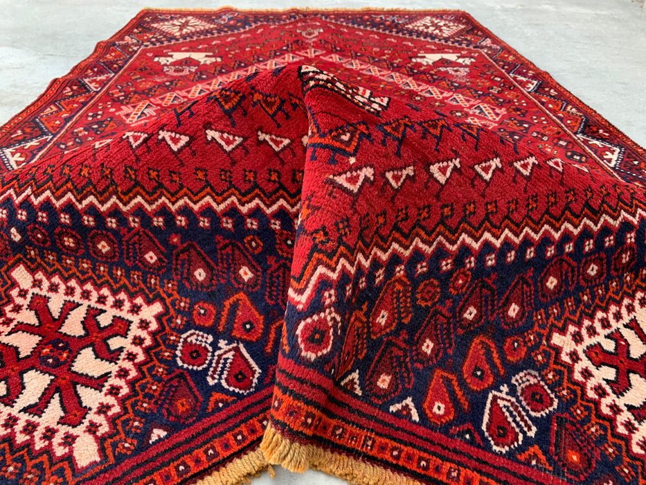 218 x 132 cm Handgeknoopt Perzisch wollen tapijt – Rood, marineblauw & ivoor tribaal geometrisch ontwerp – KBHM-786