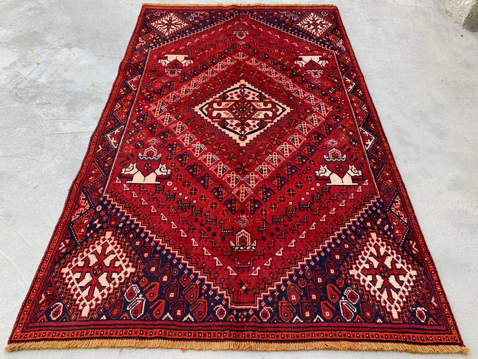 218 x 132 cm Handgeknoopt Perzisch wollen tapijt – Rood, marineblauw & ivoor tribaal geometrisch ontwerp – KBHM-786