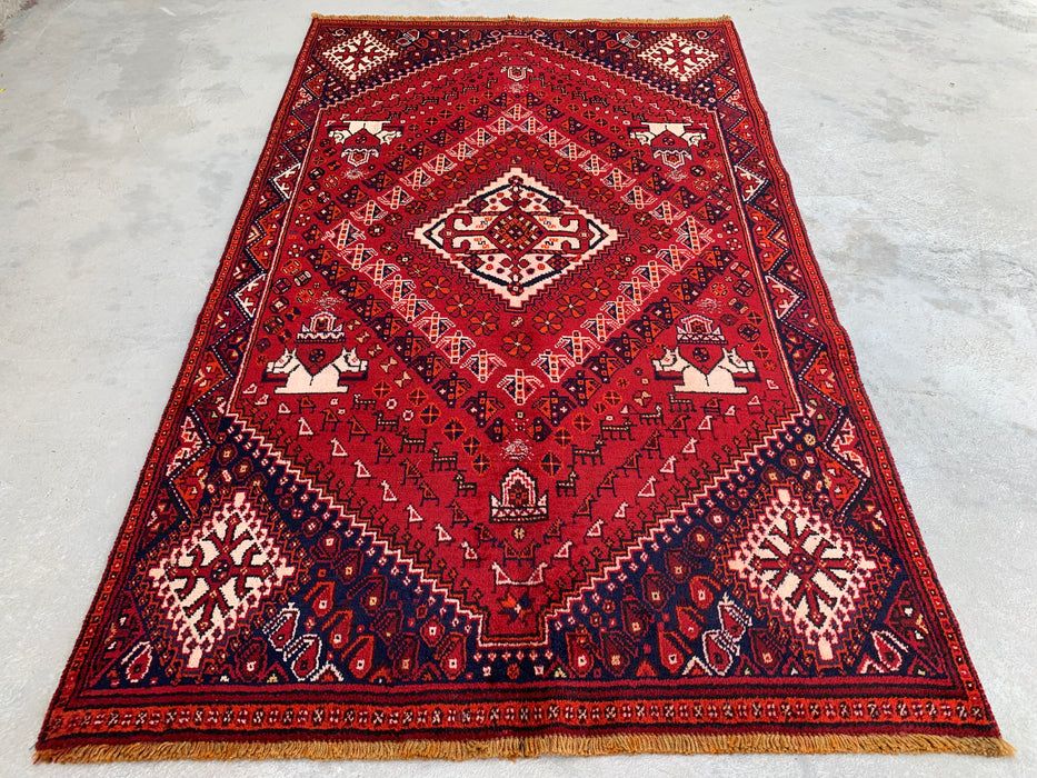 218 x 132 cm Handgeknoopt Perzisch wollen tapijt – Rood, marineblauw & ivoor tribaal geometrisch ontwerp – KBHM-786