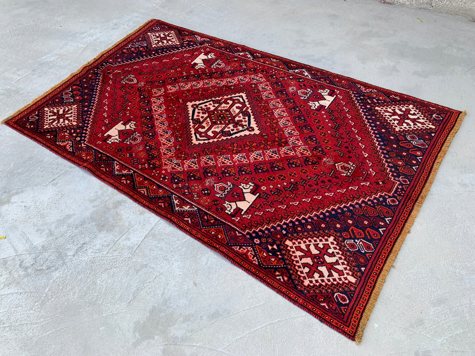 218 x 132 cm Handgeknoopt Perzisch wollen tapijt – Rood, marineblauw & ivoor tribaal geometrisch ontwerp – KBHM-786