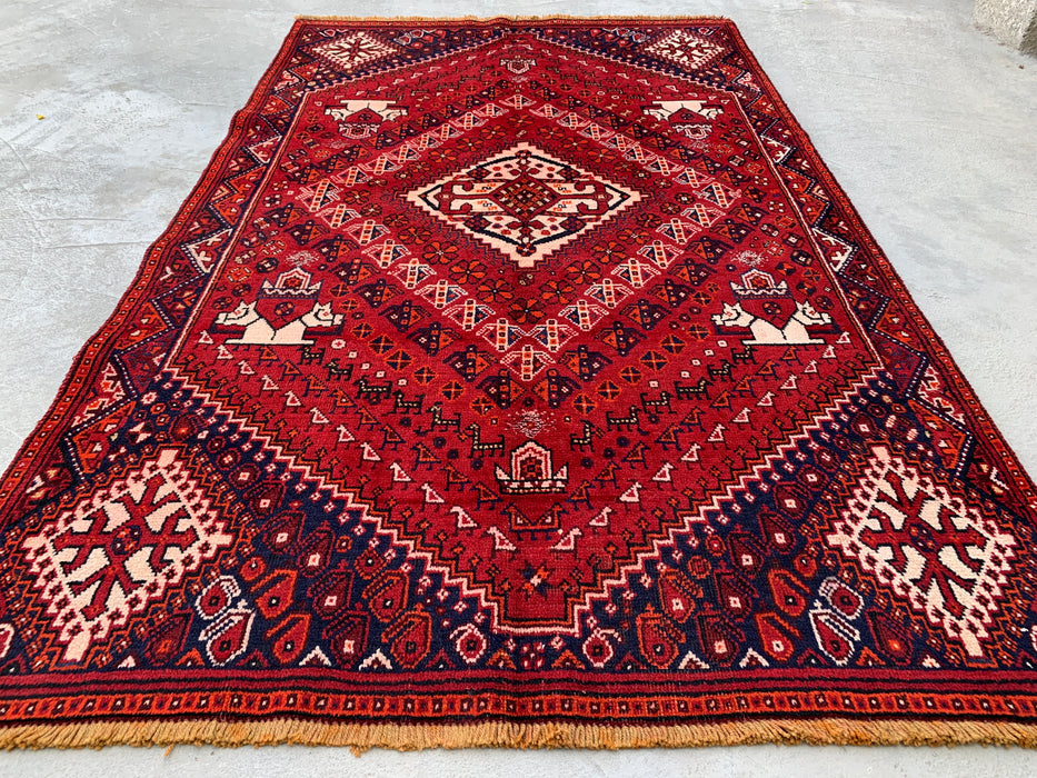 218 x 132 cm Handgeknoopt Perzisch wollen tapijt – Rood, marineblauw & ivoor tribaal geometrisch ontwerp – KBHM-786