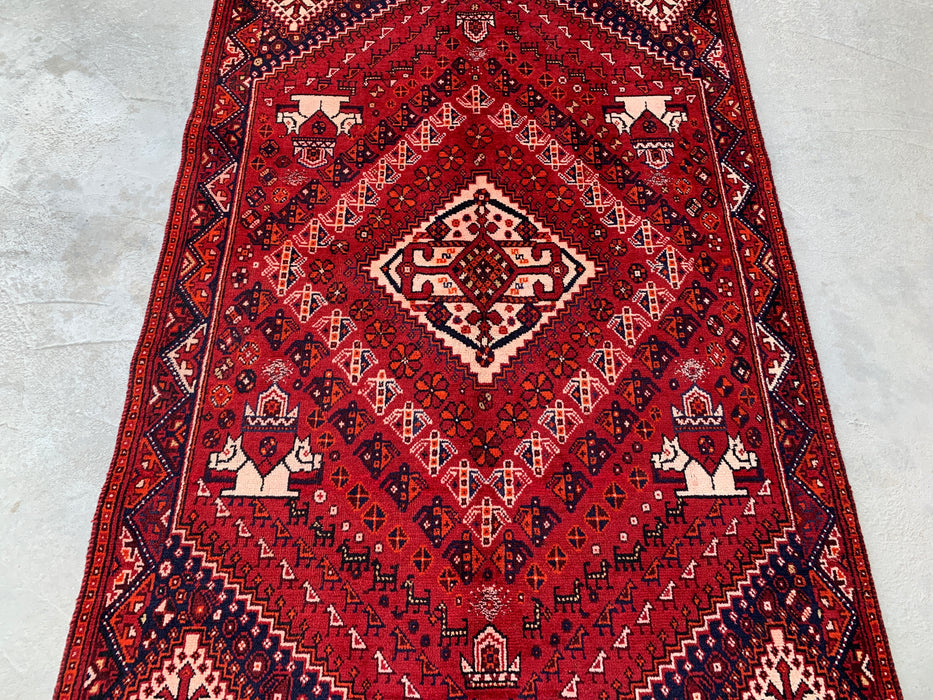 218 x 132 cm Handgeknoopt Perzisch wollen tapijt – Rood, marineblauw & ivoor tribaal geometrisch ontwerp – KBHM-786